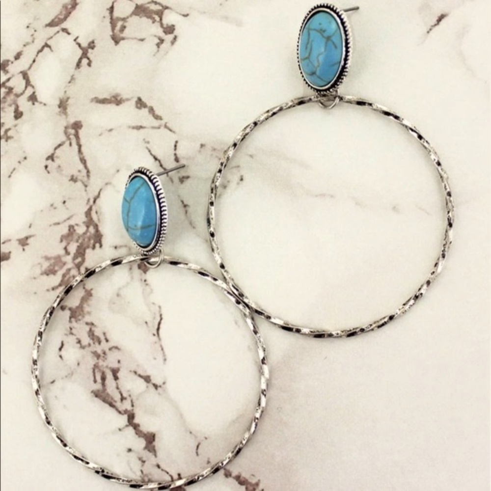 Turquoise Stone & Twisted Hoop Earrings